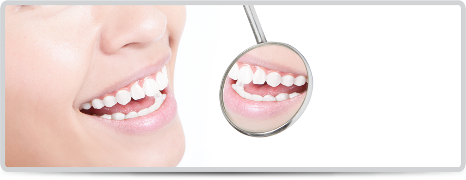 Healthy woman teeth and a dentist mouth mirror isolated on white background, model is a asian girl 
